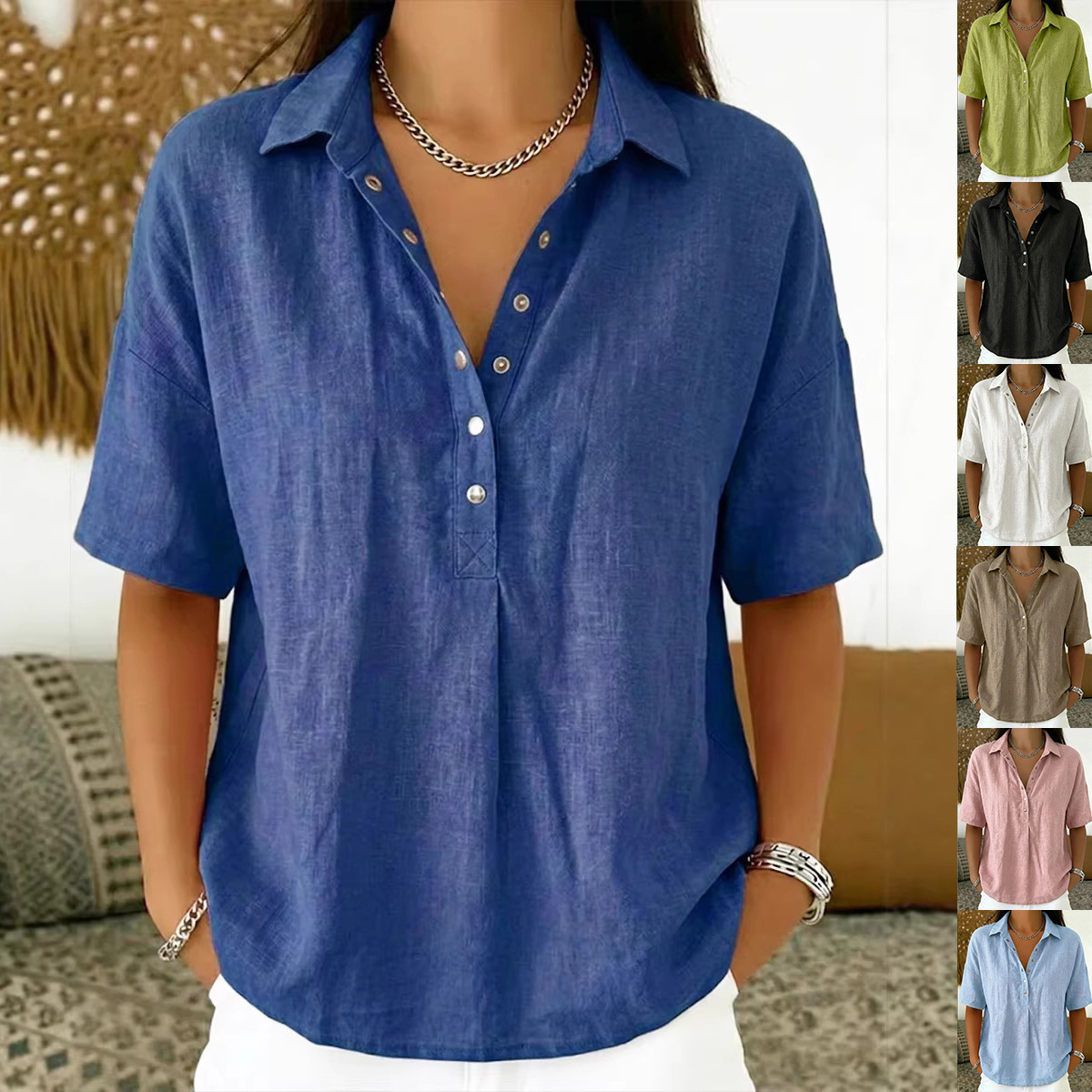 Summer Short-sleeved Shirt Button Pullover Top Fashion Casual Women’s Clothing
