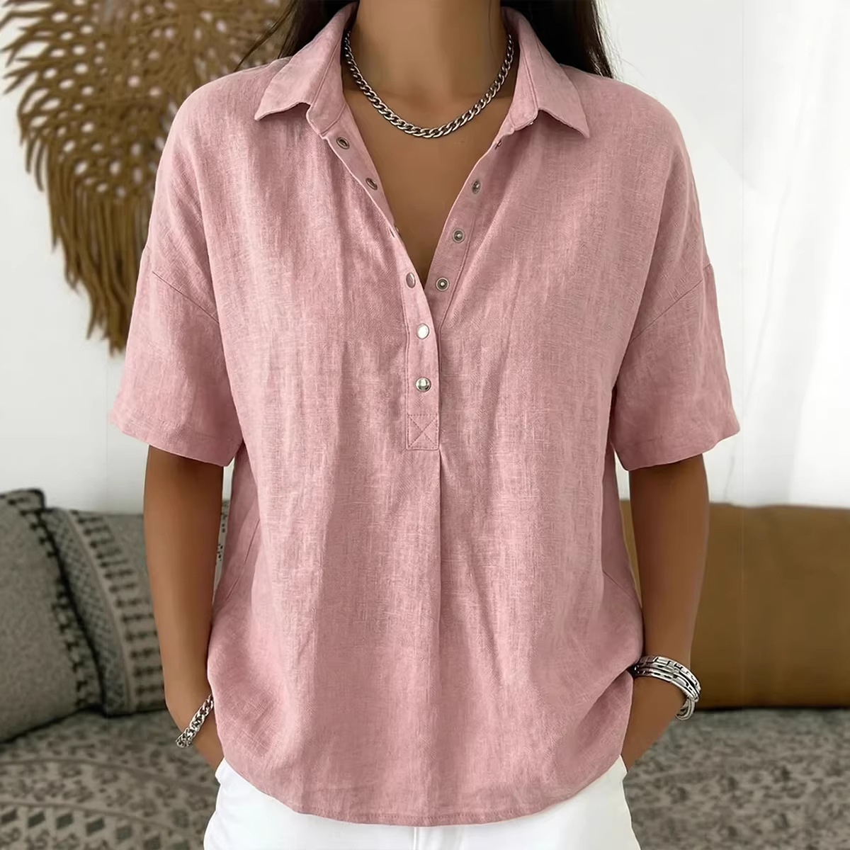 Summer Short-sleeved Shirt Button Pullover Top Fashion Casual Women's Clothing - Image 2